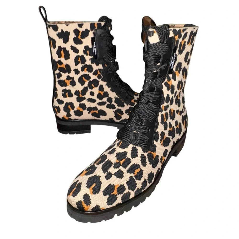 Kate Spade Merigue Boots 9.5 Knit Leather Leopard Lace Up boots‎ NEW